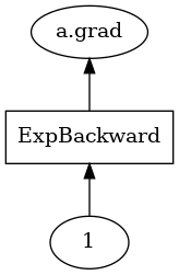 digraph backwarddag {
   rankdir=BT;
   ExpBackward [shape=rectangle];
   "1" -> ExpBackward -> "a.grad";
}